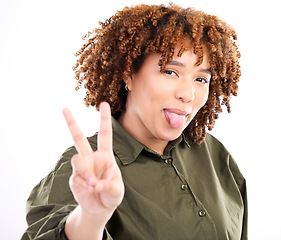 Image showing Tongue out, peace sign and portrait of a young black woman with funny hand sign in studio. Isolated, white background and gen z pose for social media with happiness and silly and funny hands gesture