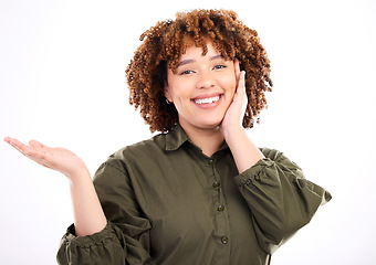 Image showing Black woman, studio portrait and palm with smile, product placement mockup and beauty by white background. Isolated african model, hand and fashion with happiness, afro and cosmetic beauty on face