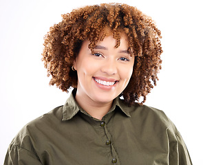 Image showing Portrait of black woman with smile on face, isolated on white background and happy creative at marketing or advertising agency. Business, aesthetic and smiling employee in studio with office fashion.