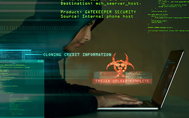 Image showing Hack, cyber security and female hacker with laptop coding on website for crypto data. Scam, cyber attack and woman doing fraud or hacking on internet with computer for information technology in dark.