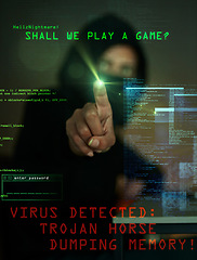 Image showing Fingerprint, virus and overlay with a man hacker working on a computer to install malware on a system. Cyber security, data and dashboard with a male hacking a database for information phishing