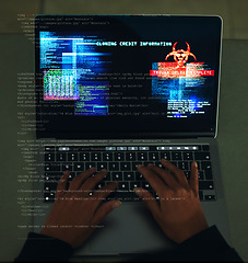 Image showing Cyber security, crime and hands typing on a laptop while programming or hacking a website. Scam, cyber attack and man hacker coding on a computer to steal information or data technology in the dark.
