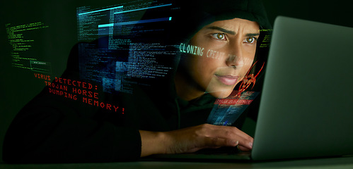 Image showing Indian woman, hacker and code overlay of banking and credit card fraud with coding graphic. Programmer, criminal and finance software hack with a hacking expert writing algorithm for cybercrime virus