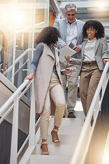 Image showing Discussion, office and business people on stairs walking to meeting for planning, strategy and chatting at work. Teamwork, corporate workplace and happy workers with notebook, documents and report