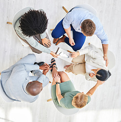 Image showing Business people, group with support and mental health with counseling, diversity and tissue box for crying and trust. Help, advice and therapy with solidarity, social and team building with top view