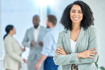 Image showing Black woman, business and leadership in meeting with smile in portrait, team leader and success with professional mindset. Corporate female, happy at job and arms crossed, manager in Atlanta office