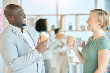 Image showing Coffee, office and business people talking, laugh and happy in discussion, funny conversation and chatting. Social networking, communication and black man and woman laughing, drinking and share joke