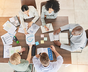 Image showing Teamwork, collaboration and business people with research data and work notes. Office meeting, marketing planning and staff from above on conference room table with web analytics agenda and schedule