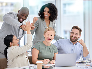 Image showing High five, business people portrait and success of stock market investment team in a office. Trading, winner and teamwork motivation of a corporate group with happiness from trading achievement
