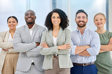 Image showing Teamwork, portrait and diversity of office team happy about collaboration and management. We are hiring, about us and our vision working group standing proud with a smile and corporate success