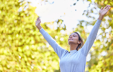 Image showing Woman, park and hands open in air for nature, gratitude and self care with mindfulness in sunshine. Gen z girl, stretching and sun worship with gratitude, zen and wellness to start morning with peace