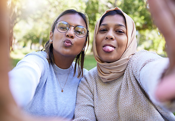 Image showing Woman, muslim and friends selfie with funny face in park, nature and happiness for bonding on social media app. Happy women, profile picture and comic portrait in woods, outdoor and support together