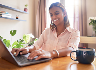 Image showing Laptop, typing and black woman or student with online course, e learning and education at home office desk. Happy indian young indian person working on computer for research, planning and opportunity