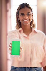 Image showing Phone green screen, portrait and woman with mobile app, cellphone mockup and space product placement. Smartphone of gen z indian person or student mock up for social media, communication or ux design