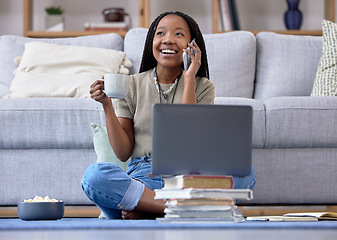 Image showing Coffee, student and phone call for girl studying on laptop, happy and relax while talking in her home. Tea, books and distance learning, remote or homeschool for teenage female with online homework