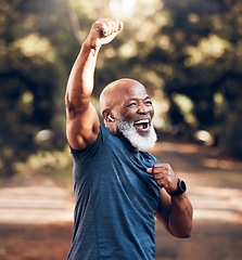 Image showing Park, success and running, winning black man excited and celebration at fitness run in nature with earphones. Music, workout and mature runner with smile and happy to celebrate exercise achievement.