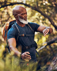 Image showing Hiking, man and watch on adventure in nature forest for trekking, fitness and cardio exercise. Senior black person with backpack while walking outdoor in woods for travel, health and wellness