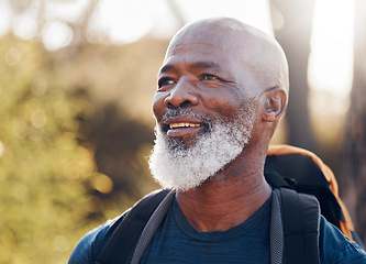 Image showing Hiking, forest and senior black man for travel adventure, cardio fitness and outdoor journey. Happy person or elderly hiker with backpack trekking in woods, nature or countryside health and wellness