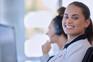 Image showing Call center, portrait and manager woman, consultant or agent in customer support, leadership and office training. Young advisor, telecom person or friendly worker in digital telemarketing workspace