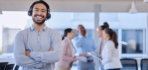 Image showing Call center, smile and portrait of customer service agent with headset, mockup and happy face in support office. Smiling business man, help desk consultant with care and confidence at crm agency job.