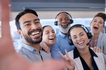 Image showing Consultant, happy or call center people with selfie smile in telemarketing company or agency. CRM support team, portrait or funny customer services employees laughing or bonding together in office