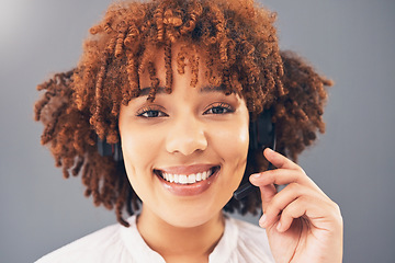 Image showing Call center, smile and portrait of black woman for customer support, online service and friendly consulting. Crm business, contact us and face of happy female worker with headset for telemarketing
