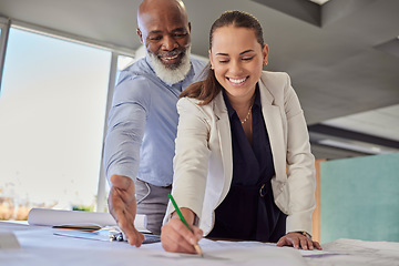 Image showing Architecture, writing and business people with blueprint, illustration and engineering design on desk. Construction planning, teamwork and black man and woman drawing for urban property development