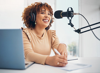 Image showing Laptop, microphone and radio with a black woman presenter talking during a broadcast while live streaming. Influencer, talk show and media with a female journalist or host chatting on a mic