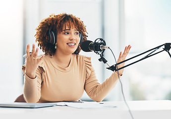 Image showing Radio show, podcast and black woman with microphone, talking and live streaming for advice. African American female presenter, lady or influencer with headphones, discussion or broadcast in workplace
