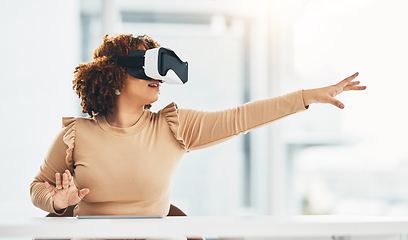 Image showing VR, business and woman with glasses for a metaverse, digital project and system. Touching, ai and employee in corporate working with an interactive, futuristic and virtual reality program online