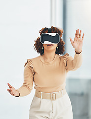 Image showing Virtual reality, metaverse and business woman in the office planning a digital project with a headset. VR, 3d and professional female employee designing a graphic company report in the workplace.