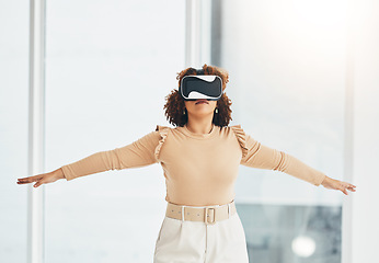 Image showing Virtual reality, futuristic goggles and black woman with arms raised for interactive, user interface and metaverse. Technology, vr headset and girl in flying pose for online game or digital gaming