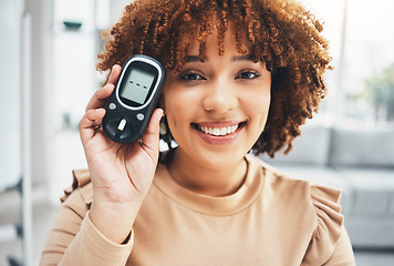 Image showing Showing, diabetes and portrait of a black woman with a machine for healthcare, test and check. Happy, medicine and African girl with a product to monitor blood sugar, health and glucose levels