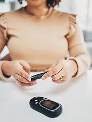 Image showing Diabetes, hands of black woman and blood sugar test on finger, healthcare and medicine in home. Health, innovation and technology, diabetic person with digital hand glucometer checking glucose level.