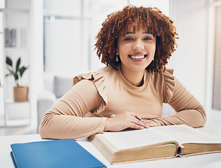 Image showing Happy, smile and portrait of black woman with bible for prayer, worship and christian religion. Faith, God and praying with girl reading holy book at home for belief, spirituality and respect