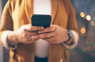 Image showing Social media, business and hands typing on a phone for communication, internet and app. Contact, working and employee with a mobile for email, online conversation and replying to a message at work