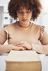 Image showing Worship, bible and black woman praying, studying faith and gratitude for life, success or healing. Believer, African American female or lady with scripture, spiritual or religion for guidance or goal