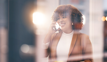 Image showing Black woman, smile and business phone call for communication, conversation and network connection. Face of happy entrepreneur person in office building with smartphone while talking to contact