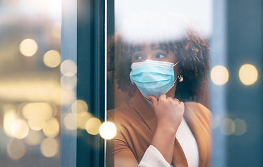Image showing Business, window and black woman with mask, isolated and fear for virus, protection and concern. African American female employee, leader and manager with face cover, skills and scared for infection