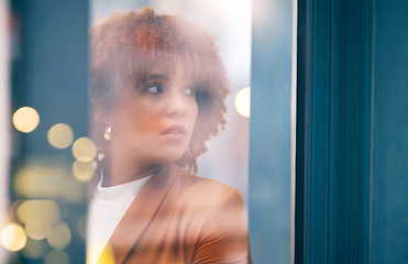 Image showing Thinking, vision and black woman in an office for business, corporate job and motivation from a window. Professional, executive and worker at work with an idea, inspiration and contemplating