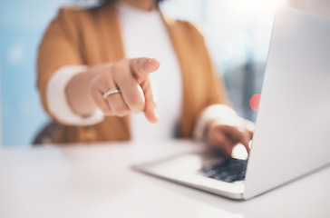 Image showing Hand, pointing and laptop in office with black woman, hr expert and question at desk for recruitment. Human resources, manager and choice for hiring, opportunity or job for future employee at company