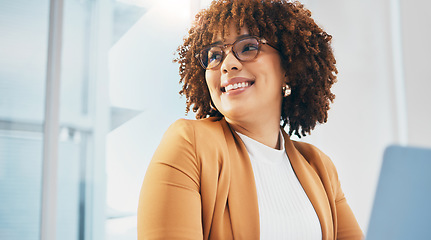 Image showing Black woman at office, glasses on face with happy smile and thinking of future of corporate in South Africa. Young African person with spectacles at work, confident in career and professional job