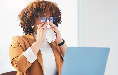 Image showing Sick, tissue and black woman with laptop in office with runny nose, allergy and virus infection at desk. Business, health problem and female worker with cold, fever and flu symptoms in workplace