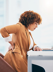 Image showing Back pain, injury and black woman in office at desk with spine problem, backache and muscle tension. Stress, medical emergency and female worker massage body for accident, joint strain and pressure