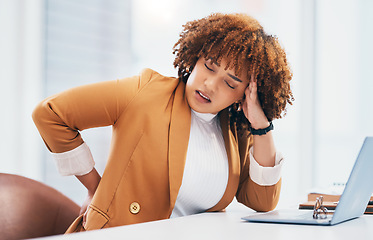 Image showing Black woman with back pain, corporate burnout and stress with headache, stiff muscle from spine injury and overworked. Female worker at desk, business and medical emergency with health and strain