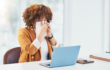 Image showing Business, laptop and black woman with tissue, flu and sneeze in workplace, burnout and stress. African American female employee, consultant and agent with sickness, toilet paper and illness in office