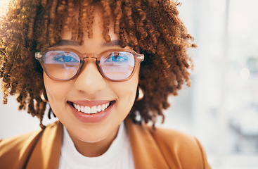 Image showing Portrait, business and black woman with glasses, confident lady and happiness for profit growth, cheerful and success. Face, female consultant and happy entrepreneur with smile, eyewear or management