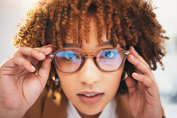 Image showing Vision, glasses and black woman, face and portrait with eye care, designer frame with prescription lens. Closeup, optometry and hands holding spectacles with female, fashion and health for eyes
