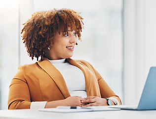 Image showing Black woman working on laptop thinking of business ideas, online planning and career opportunity research. Young startup worker, employee or entrepreneur person at her desk on pc computer with smile