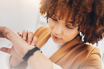 Image showing Black woman, business and check watch with schedule and clock, closeup and face with appointment. Professional female, time management and calendar with scheduling, corporate employee and punctual